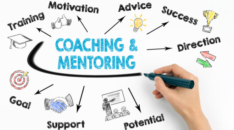 Coaching and Mentoring for Business Leaders Illustration showing coaching and mentoring concepts like goal, support, potential, and success for leaders seeking clarity.